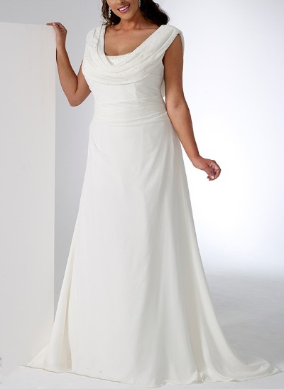 A-Line Cowl Neck Sleeveless Sweep Train Chiffon Plus Size Wedding Dress