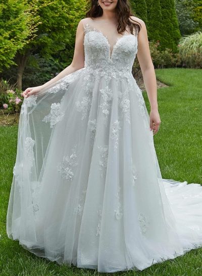 Plus Size A-Line Illusion Neck Sleeveless Court Train Tulle Wedding Dresses With Lace