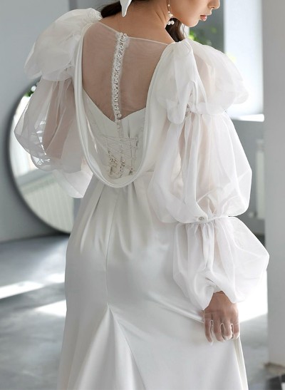 Sheath/Column Square Neckline Long Sleeves Sweep Train Satin/Chiffon Wedding Dress