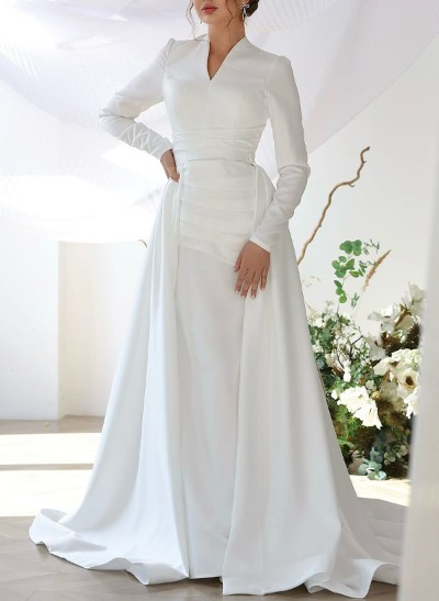 A-Line V-Neck Long Sleeves Sweep Train Satin Wedding Dress