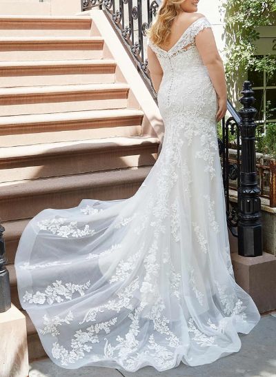 Plus Size Trumpet/Mermaid Off-The-Shoulder Tulle Wedding Dresses With Lace