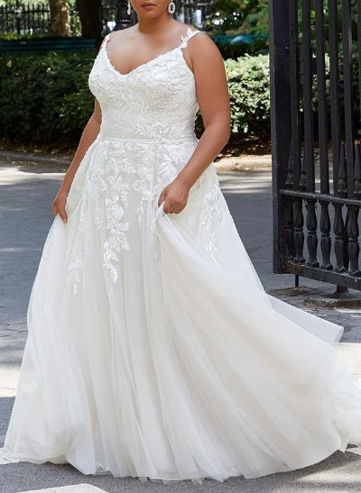 Plus Size A-Line V-Neck Sleeveless Sweep Train Tulle Wedding Dresses With Lace