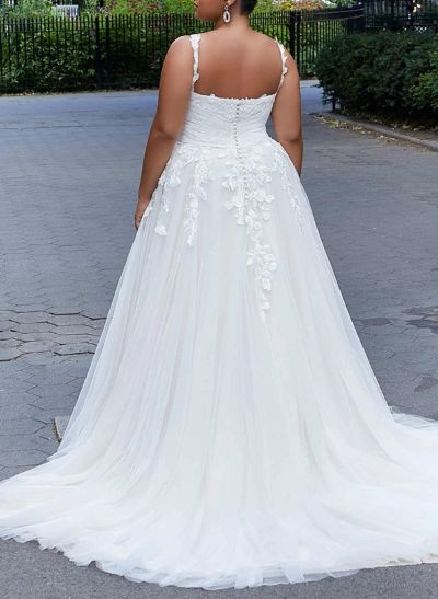 Plus Size A-Line V-Neck Sleeveless Sweep Train Tulle Wedding Dresses With Lace