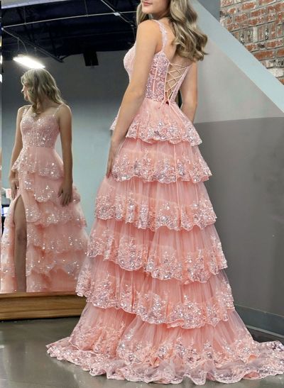 A-Line Off-The-Shoulder Sweep Train Tulle Prom Dresses With Sequins/High Split