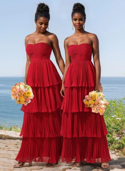 A-Line Strapless Sleeveless Floor-Length Chiffon Bridesmaid Dresses