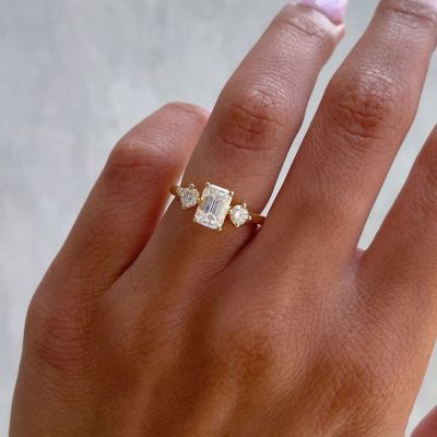 Unique Emerald Cut Simulated Diamond Engagement Ring In Sterling Silver