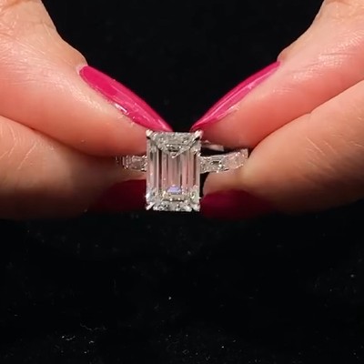 Emerald Cut Simulated Diamond Engagement Ring In Sterling Silver