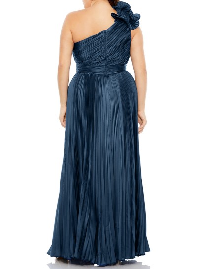 A-Line One-Shoulder Floor-Length Silk Like Satin Evening Dresses With Ruffle/High Split