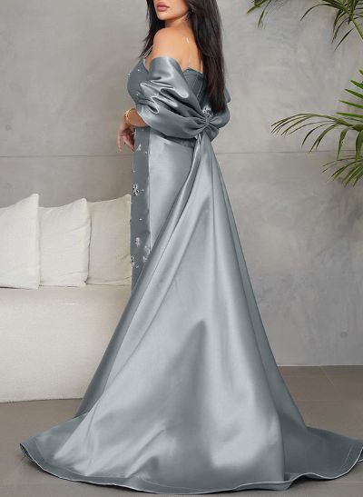 Sheath/Column Sleeveless Sweep Train Satin Evening Dresses With Rhinestone