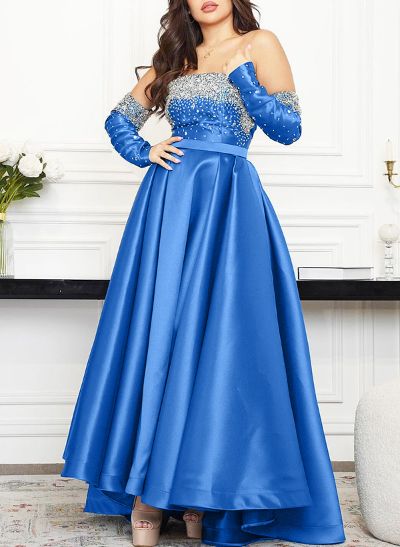 A-Line Strapless Detachable Sleeves Asymmetrical Satin Evening Dresses With Rhinestone