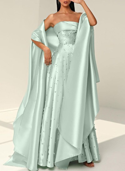 A-Line Strapless Sleeveless Floor-Length Satin Evening Dresses