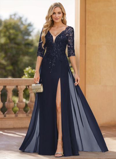 A-Line V-Neck 1/2 Sleeves Floor-Length Chiffon Mother Of The Bride Dresses With Lace