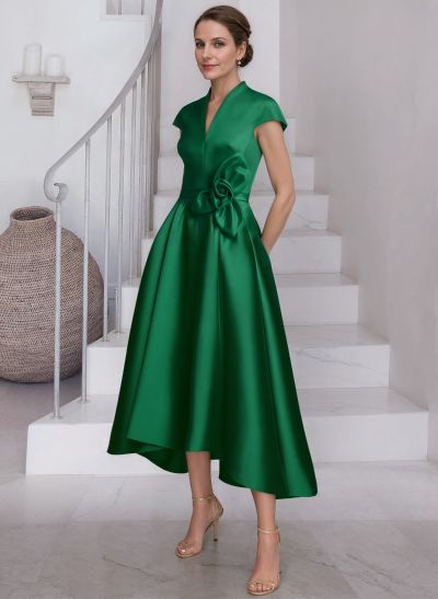 A-Line V-Neck Short Sleeves Satin Mother Of The Bride Dresses With Flower(s)