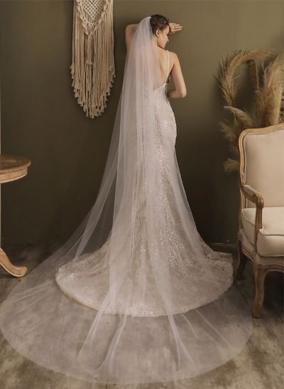 Simple Cut Edge Single Tier Tulle Bridal Chapel Length Wedding Veils