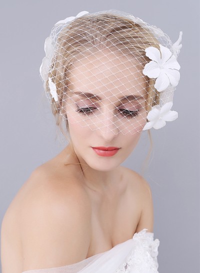 Simple Cut Edge Single Tier Lace Bridal Birdcage Wedding Veil With Floral