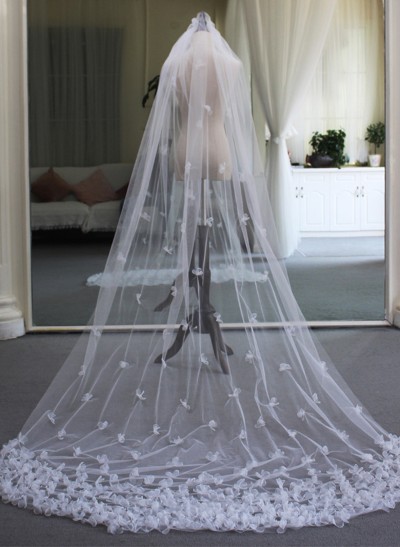 Lace Edge Single Tier Tulle Bridal Chapel Length Wedding Veil With Floral