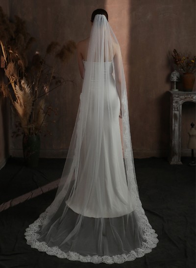 Lace Edge Single Tier Tulle Bridal Chapel Length Wedding Veil