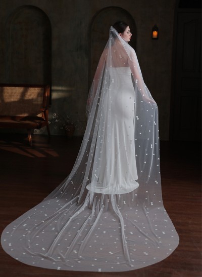 Simple Cut Edge Single Tier Tulle Bridal Cathedral Length Wedding Veil