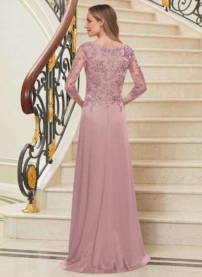 Sheath/Column Scoop Neck 3/4 Sleeves Silk Like Satin Mother Of The Bride Dresses With Lace