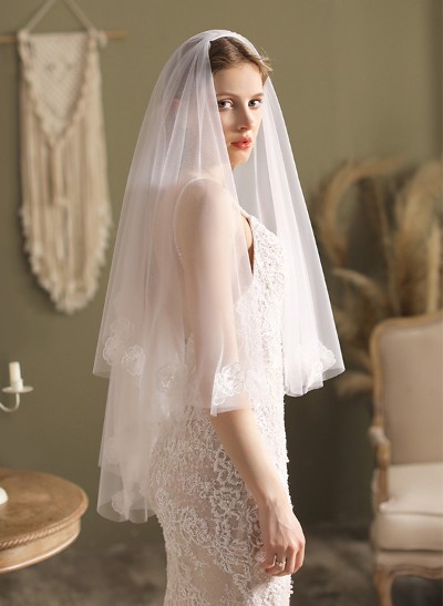 Cut Edge Two Tier Tulle Bridal Fingertip Length Wedding Veil With Floral