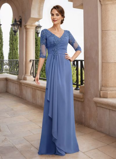 V-Neck Semi Sheer Illusion Long Sleeves Mother Of The Bride Dresses With Appliques Lace