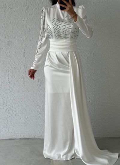 Sheath/Column High Neck Long Sleeves Silk Like Satin Evening Dresses With Sequins