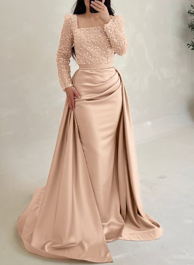 Sheath/Column Square Neckline Detachable Satin/Sequined Evening Dresses