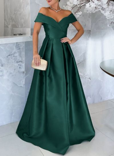 A-Line Off-The-Shoulder Floor-Length Satin Bridesmaid Dresses With Split Front