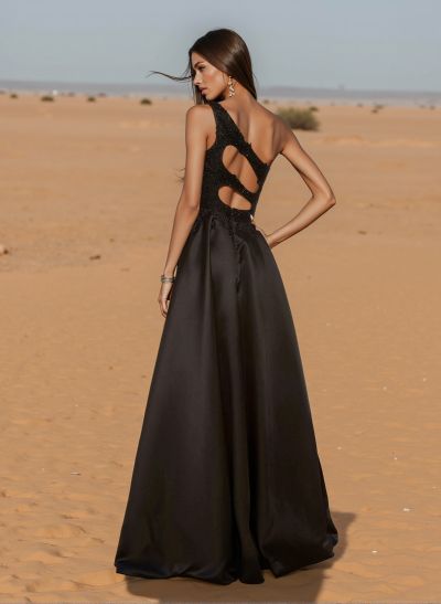 Unique One-Shoulder Cutout In Back Prom Dresses With Lace Applique