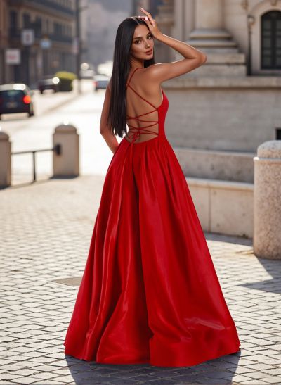 Unique Plunge Neck Open Back Satin Prom Dresses With High Split