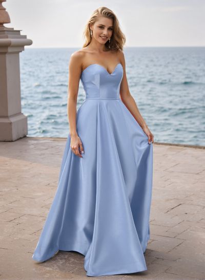 Simple A-Line Sweetheart Sleeveless Floor-Length Satin Prom Dresses