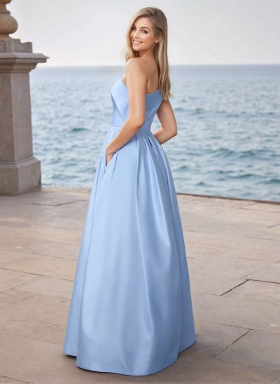 Modest A-Line One-Shoulder Satin Prom Dresses With Pockets