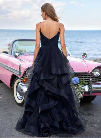 Dreamy Ruffled Skirt Ruched V-Neck Prom Dresses With High Split