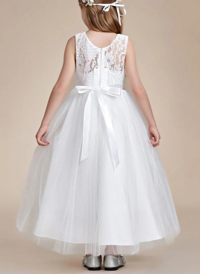 A-Line Illusion Neck Sleeveless Satin/Tulle Flower Girl Dresses With Bow(s)/Lace