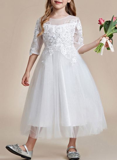 A-Line Illusion Neck 1/2 Sleeves Tulle Flower Girl Dresses With Appliques Lace