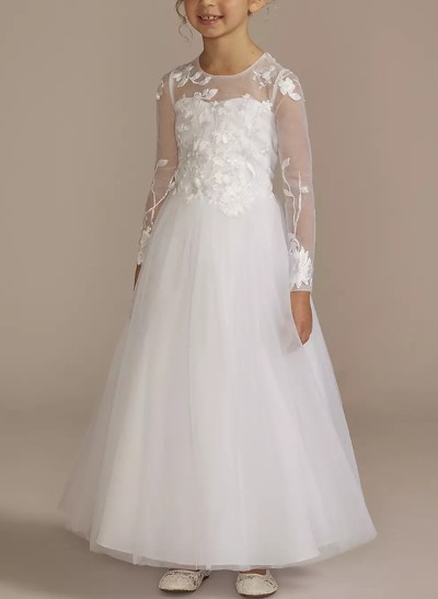 A-Line Illusion Neck Long Sleeves Tulle Flower Girl Dresses With Appliques Lace