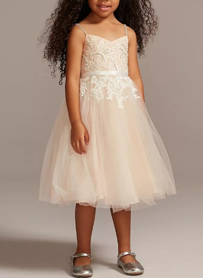 Ball-Gown V-Neck Sleeveless Tulle Flower Girl Dresses With Appliques Lace