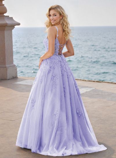 Princess Ball Gown Strappy Back Tulle Prom Dresses With Floral Applique