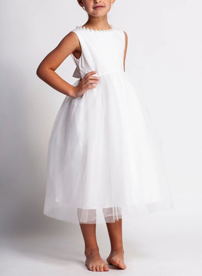 A-Line Scoop Neck Sleeveless Satin/Tulle Flower Girl Dresses With Bow(s)/Beading