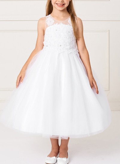 Ball-Gown Illusion Neck Sleeveless Tulle Flower Girl Dresses With Bow(s)