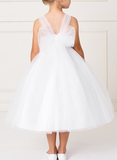 Ball-Gown Illusion Neck Sleeveless Tulle Flower Girl Dresses With Bow(s)