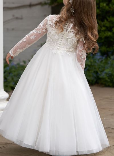 Ball-Gown Illusion Neck Long Sleeves Lace/Tulle Flower Girl Dresses With Lace