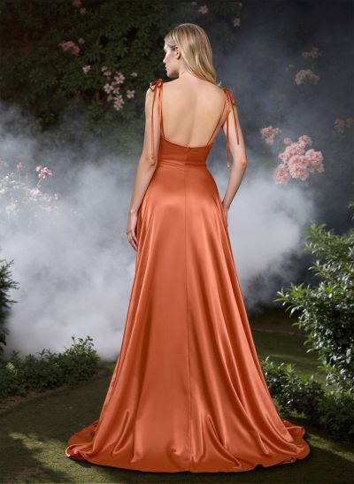 Classic Tie-Strap Draped Cowl Silk Like Satin Prom Dresses With Bare Back