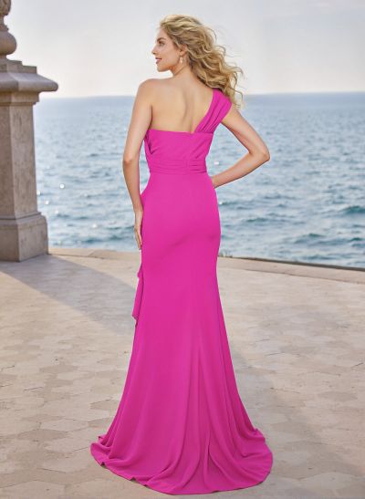 Unique Cascading Ruffled Slit One-Shoulder Elastic Satin Prom Dresses