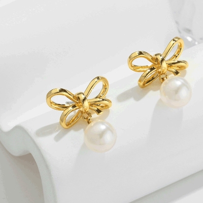 Bow With Pearl Dangle Earrings