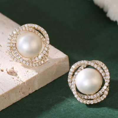 Spiral Pearl Rhinestone Stud Earrings