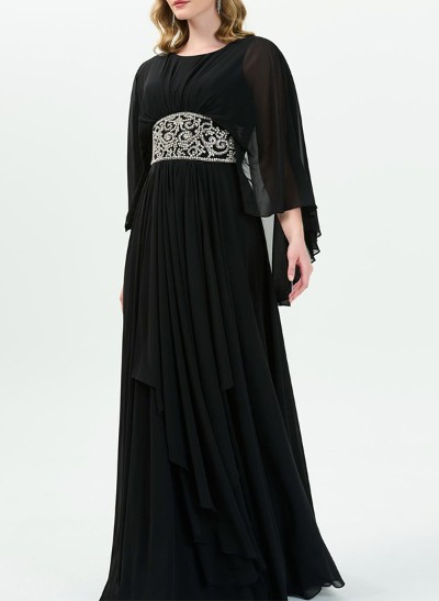 A-Line Scoop Neck 3/4 Sleeves Floor-Length Chiffon Mother Of The Bride Dresses