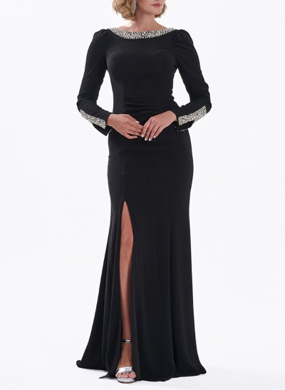 Sheath/Column Scoop Neck Long Sleeves Floor-Length Elastic Satin Mother Of The Bride Dresses With High Split