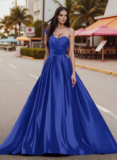 Modest A-Line Ruched Sweetheart One-Shoulder Satin Prom Dresses