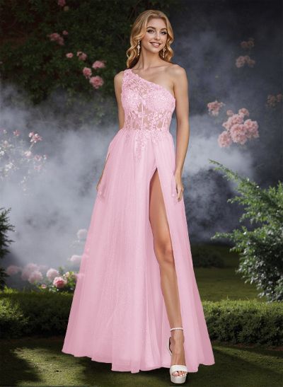 Dreamy Illusion Corset One-Shoulder Prom Dresses With Floral Lace